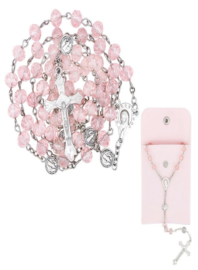 Aecsze Pink Rosary Beads for Women - Catholic Rosary Beads with Cross, Pink Crystal Rosary Necklace with Velvet Pouch, Religious Gifts for Women - Image 1